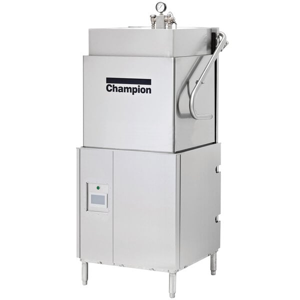 A large stainless steel Champion DH6000 door-type high temperature dishwashing machine.