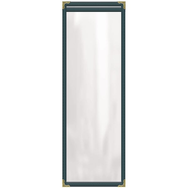 A white rectangular menu cover with black and gold decorative corners.