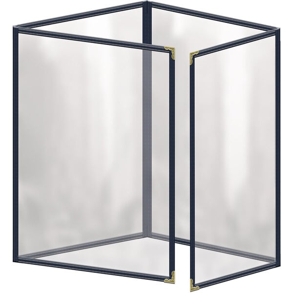 A blue vinyl menu cover with gold corners and a glossy finish.