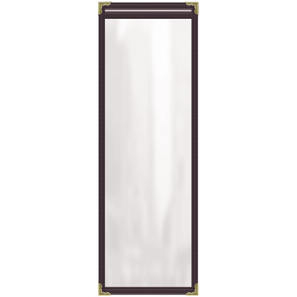A white rectangular menu cover with gold decorative corners.
