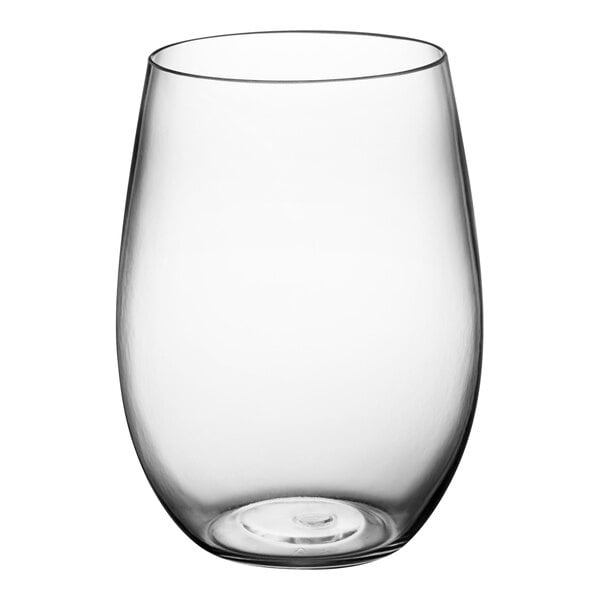A Visions clear plastic stemless wine glass.
