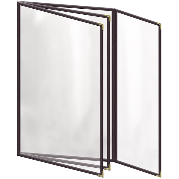 A brown vinyl menu cover with gold corners and a black frame holding two open pages.