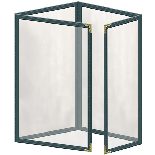 A green vinyl menu cover with gold decorative corners and a glass finish.