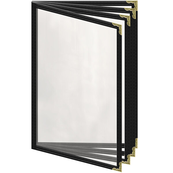 A black menu cover with gold decorative corners and a gloss finish.