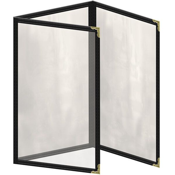 A black rectangular menu cover with gold decorative corners.