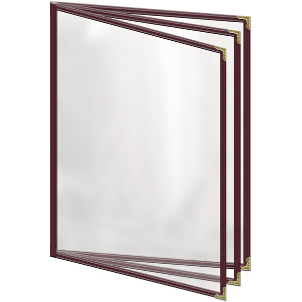 A maroon H. Risch, Inc. menu cover with gold decorative corners and rectangular clear panels.