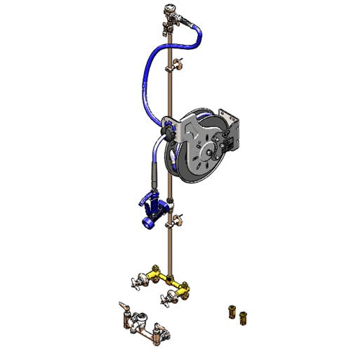 A T&S hose reel assembly with exposed yellow and black piping, a valve, and a hose.