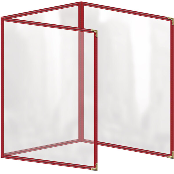 A white rectangular frame with red stripes and gold decorative corners on a red menu cover.