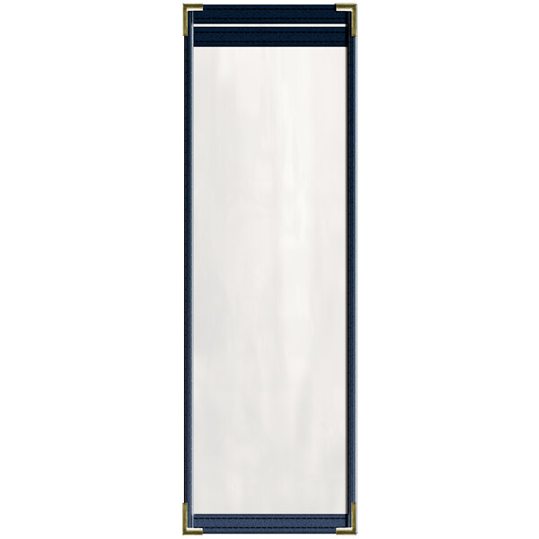 A rectangular blue vinyl menu cover with gold corners and stitching.