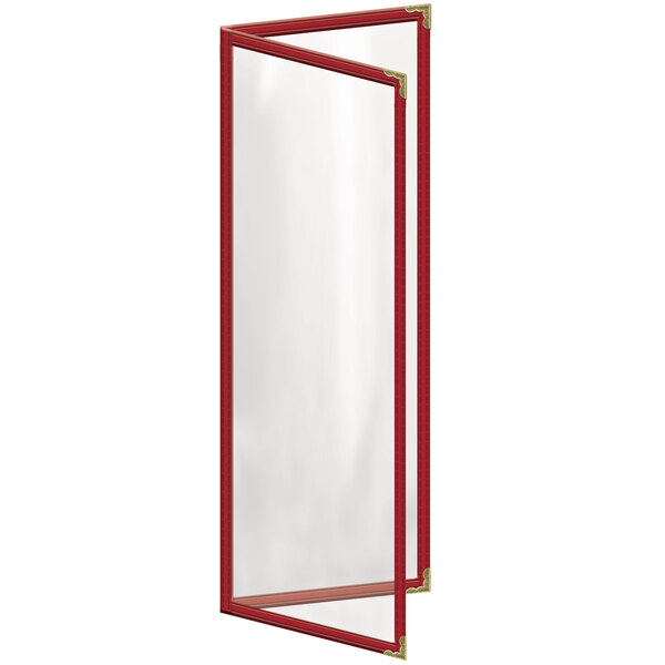 A white rectangular menu cover with red trim and gold decorative corners.