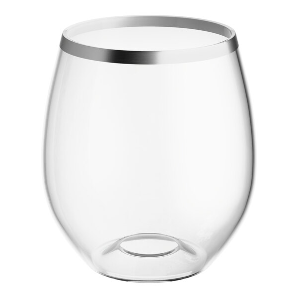 A clear plastic stemless wine glass with a silver rim.