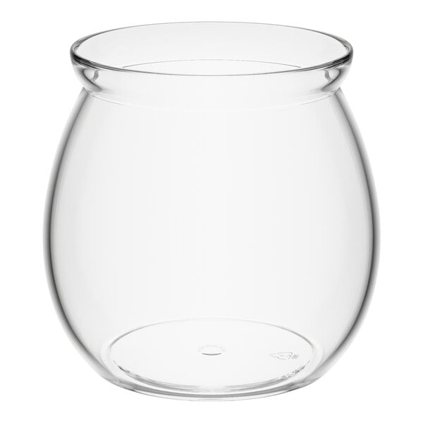 A clear plastic stemless fish bowl glass with a 20 oz. capacity.
