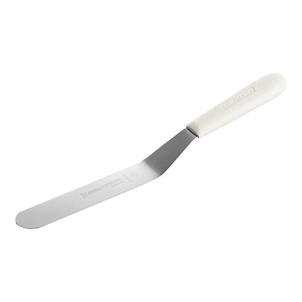 A metal offset spatula with a white plastic handle.
