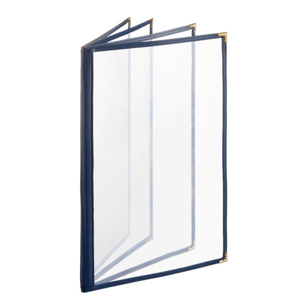 A blue H. Risch, Inc. menu cover with gold corners and clear plastic sheeting over the front.