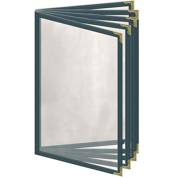 A H. Risch, Inc. green vinyl menu cover with gold decorative corners and blue and gold designs on the front.