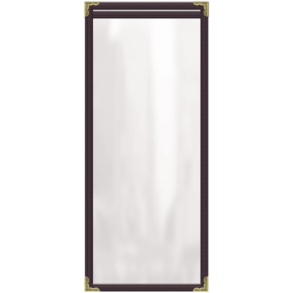 A rectangular white menu cover with gold decorative corners.