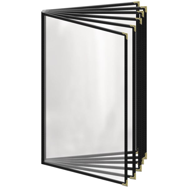 A stack of black H. Risch, Inc. menu covers with gold decorative corners.