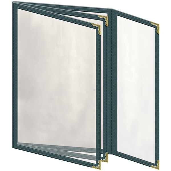 A close-up of a green H. Risch, Inc. menu cover with gold corners and a gloss finish.