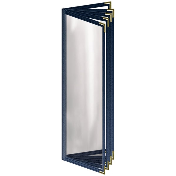 A blue rectangular H. Risch, Inc. menu cover with gold corners and a gloss finish.