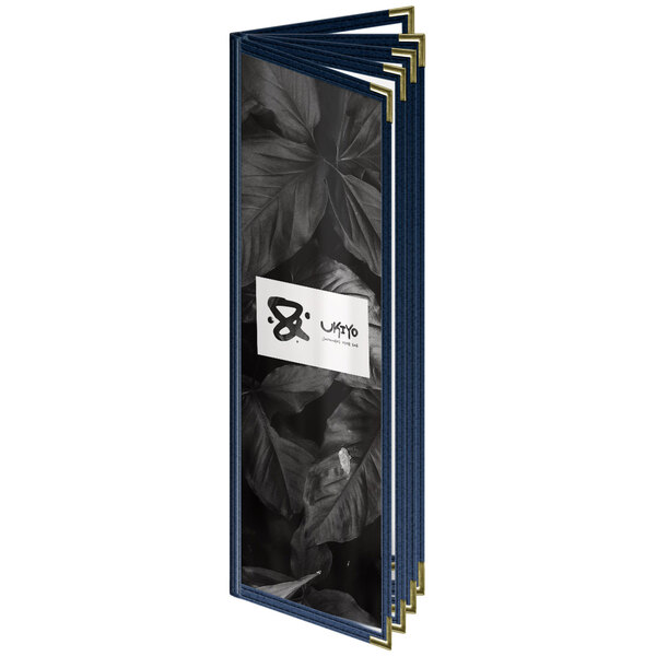 A blue H. Risch, Inc. menu cover with a black and gold leaf design on the corners and a white background.