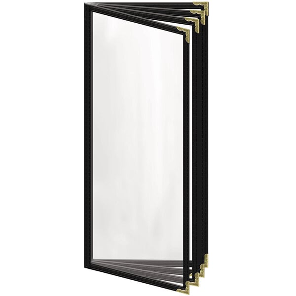 A black rectangular menu cover with gold decorative corners.