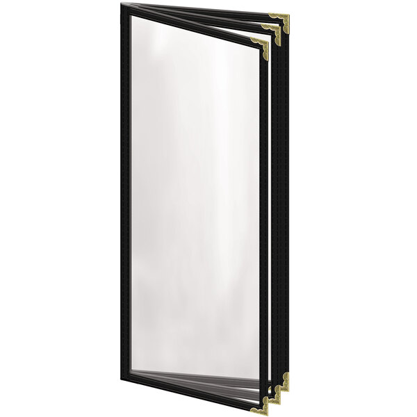 A black rectangular H. Risch, Inc. vinyl menu cover with gold decorative corners.