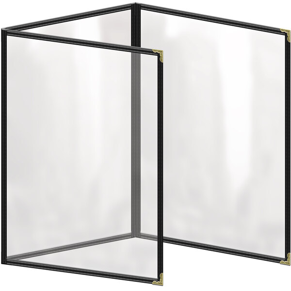 A black vinyl menu cover with gold decorative corners.