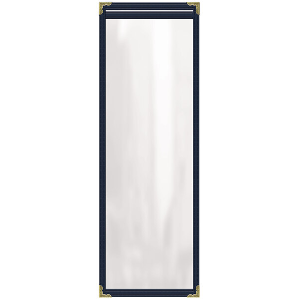 A white rectangular menu cover with a black border and gold trim.