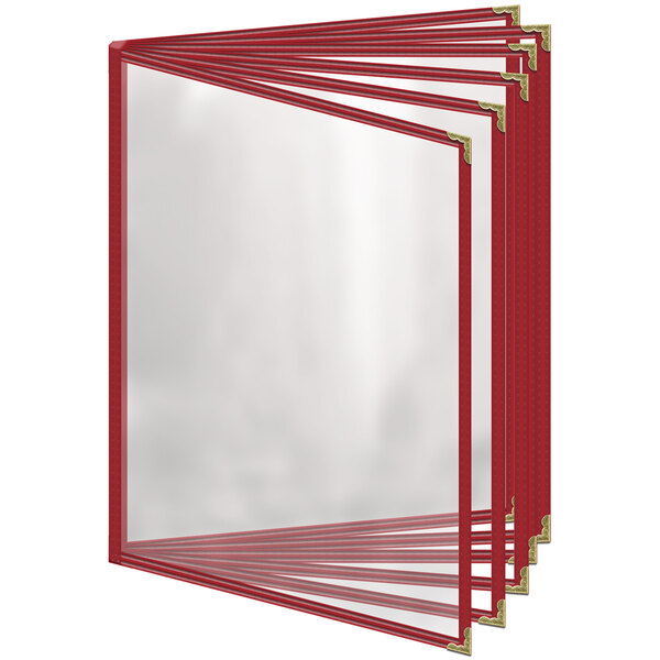 A stack of red H. Risch, Inc. menu covers with gold decorative corners.