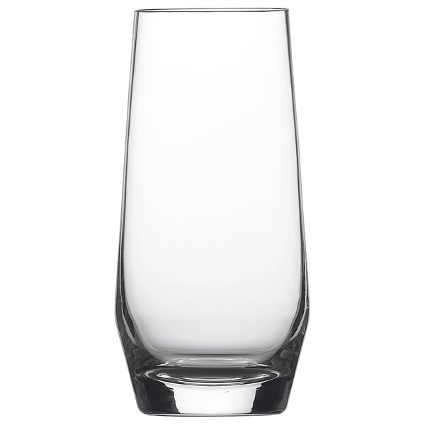 A close-up of a Schott Zwiesel Pure longdrink/collins glass filled with a clear liquid.