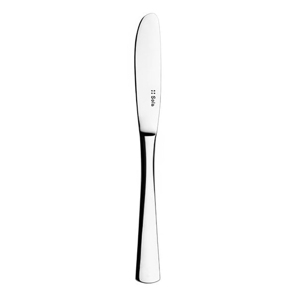 A silver butter knife with a white handle.