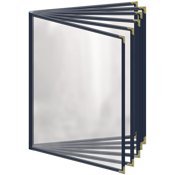 A H. Risch, Inc. blue vinyl menu cover with gold decorative corners and a 12 view gloss finish.