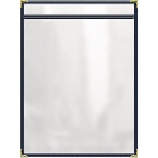 A white rectangular menu cover with a blue and gold border.