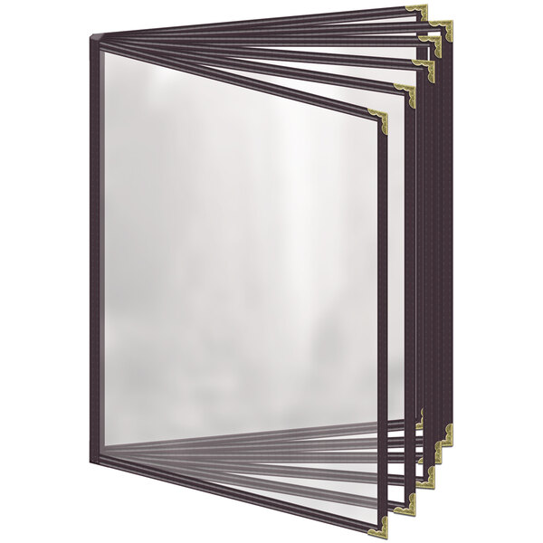 A group of brown H. Risch, Inc. menu covers with gold corners and a glass panel.