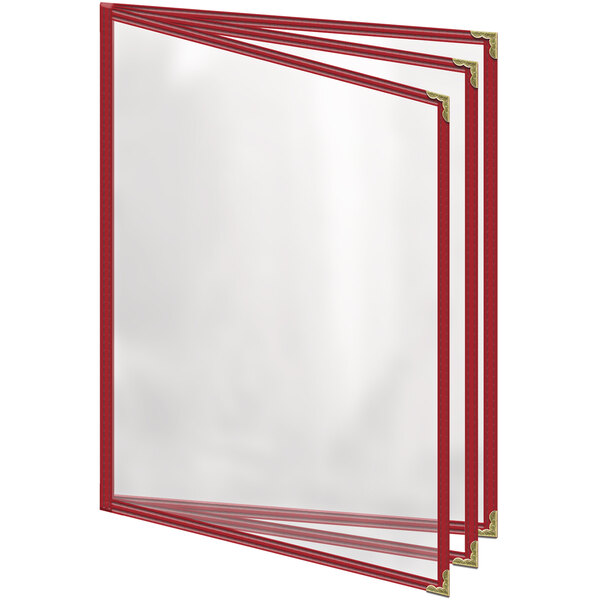 A red vinyl menu cover with gold corners and a gloss finish with three clear pockets.