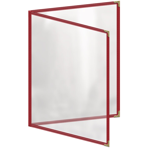 A red plastic menu cover with a gold frame and corners.