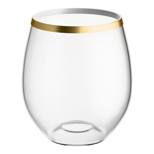Visions Coupe Dynasty 12 oz. Clear Plastic Stemless Wine Glass with Gold Rim - 64/Case
