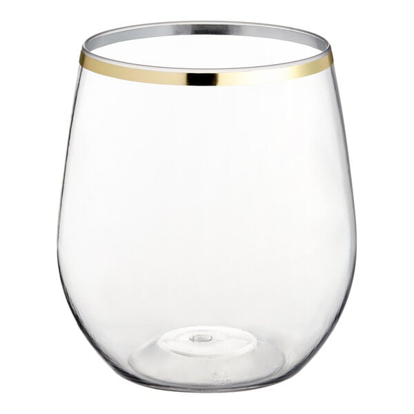 Visions Dynasty 12 oz. Clear Plastic Stemless Wine Glass with Gold Rim - 64/Case