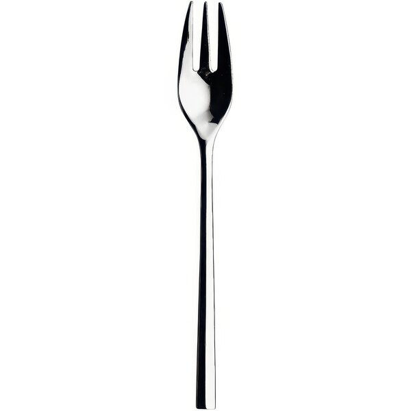 A silver Sola MB304 stainless steel salad fork with a white handle.