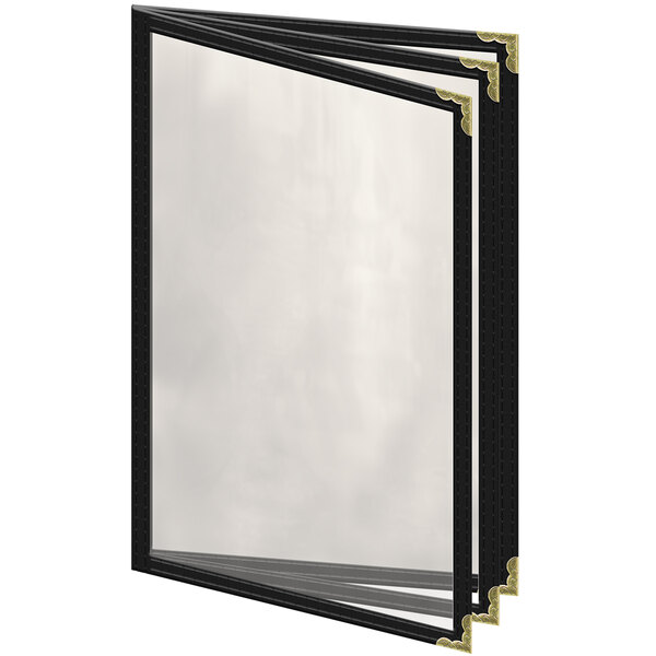A black vinyl menu cover with gold decorative corners and a black border.