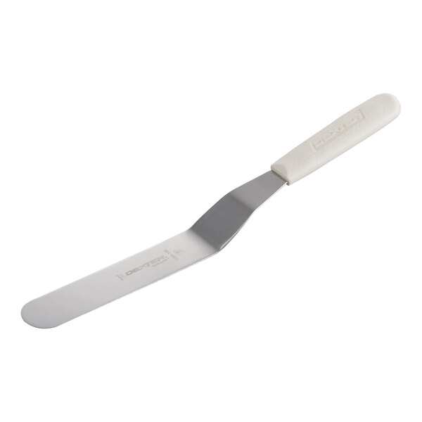 A metal offset spatula with a long, flat blade and a white plastic handle.