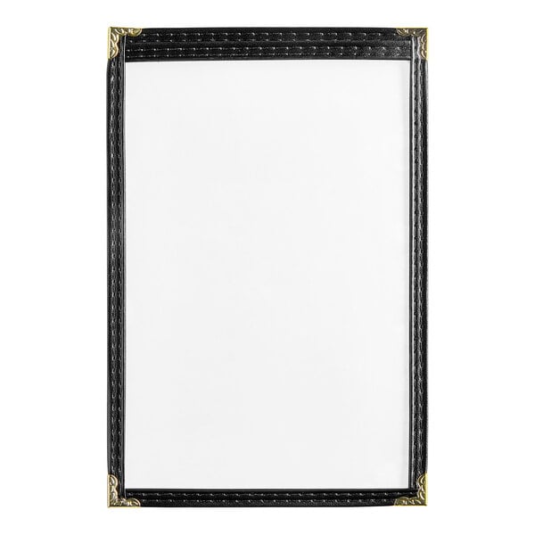 A black vinyl menu cover with gold decorative corners.