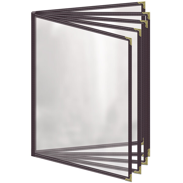 A H. Risch, Inc. brown vinyl menu cover with gold decorative corners and a group of menus.