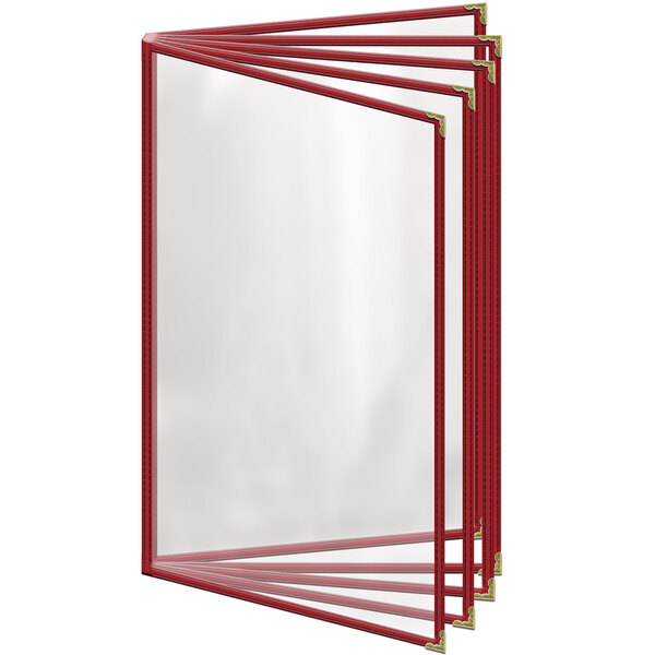 A red rectangular H. Risch, Inc. menu cover with gold decorative corners and a gloss finish.