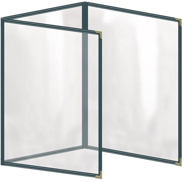 A green vinyl menu cover with gold decorative corners.