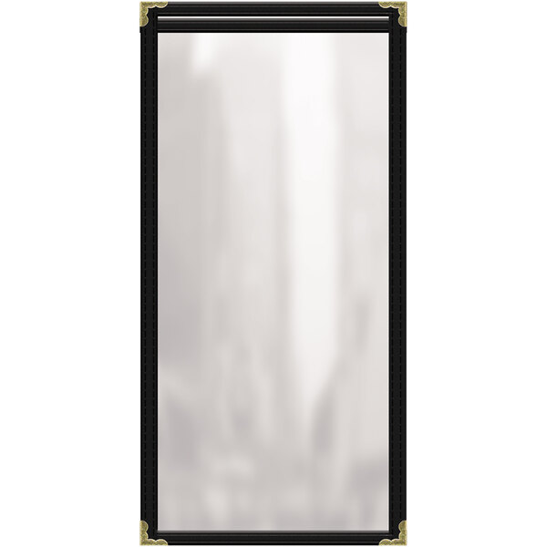 A black vinyl menu cover with gold corners on a white background.