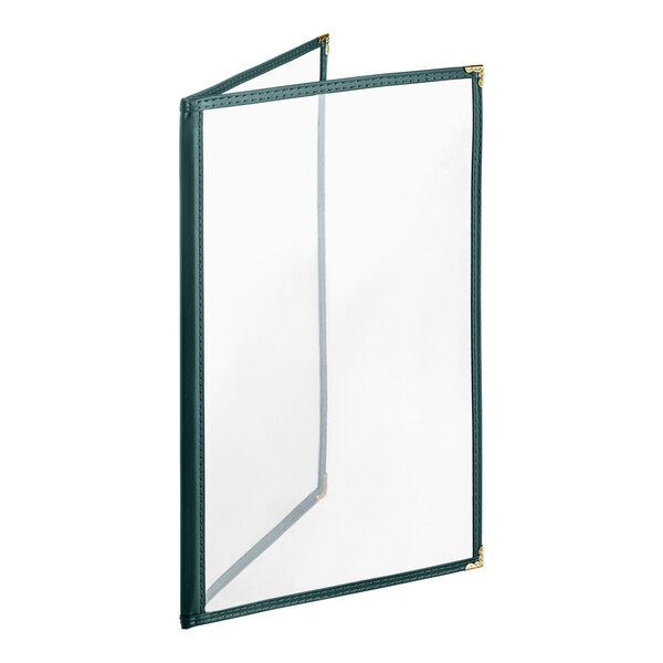 A plastic H. Risch, Inc. menu folder with a green and gold cover and clear view.