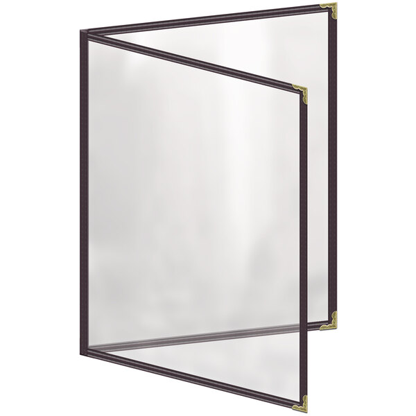 A rectangular brown menu cover with gold decorative corners and a glass front.