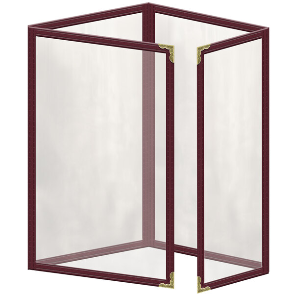 A maroon vinyl menu cover with gold decorative corners and a gloss finish.
