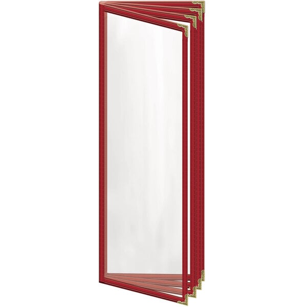 A red rectangular menu cover with gold decorative corners.